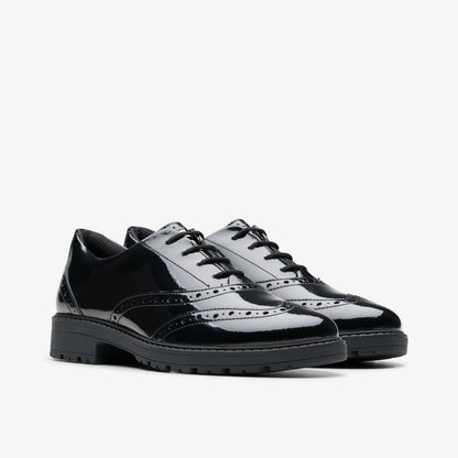 Loxham Brogue Youth Black Patent - Clarks Kids