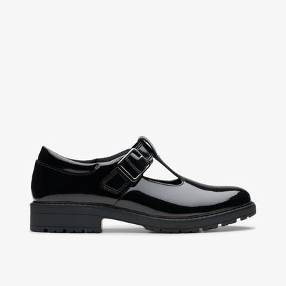 Loxham Bar Youth Black Patent - Clarks Kids